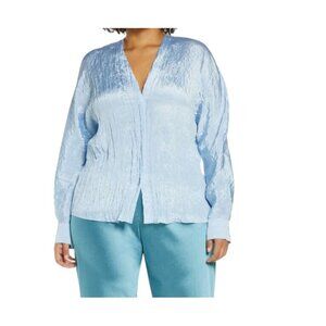 Vince Women's Blouse Double V-Neck Crinkle Cerulean Blue Long Sleeve 2X NEW